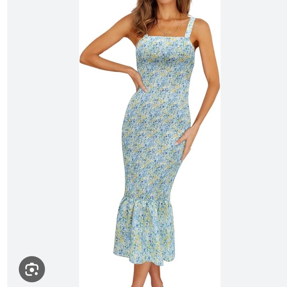 Pretty Garden Small Floral Smocked‎ Tank Midi Dress Square Neck Ruffle Hem